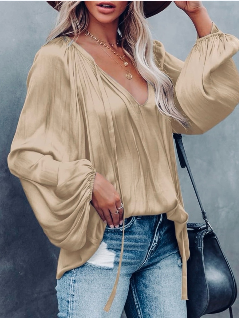 Boho V-Neck Balloon Sleeve Faux Silk Blouse-Khaki-Beige Sm NWT offers ok